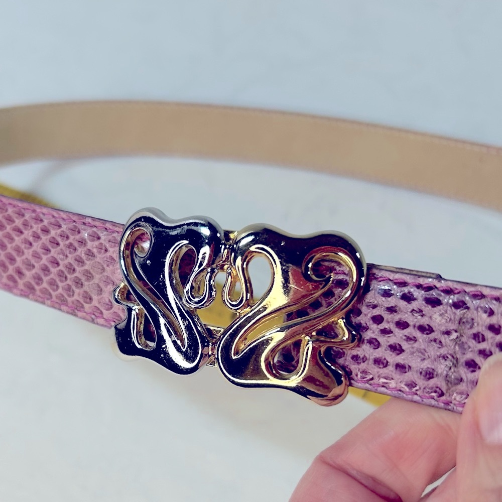 Pink Snakeskin Vintage Waist Belt S/M Gold & Silver toned Abstract Buckle